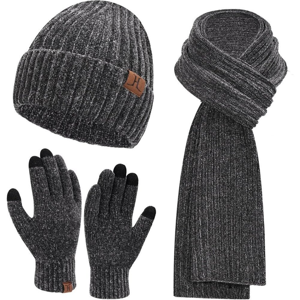 Winter Beanie Hat Scarf Gloves Set for Women and Men Gray Warm Knit Gift Idea